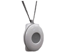 White wearable falls pendant with central sensor, rounded casing and silver chain necklace, designed for personal safety alerts.