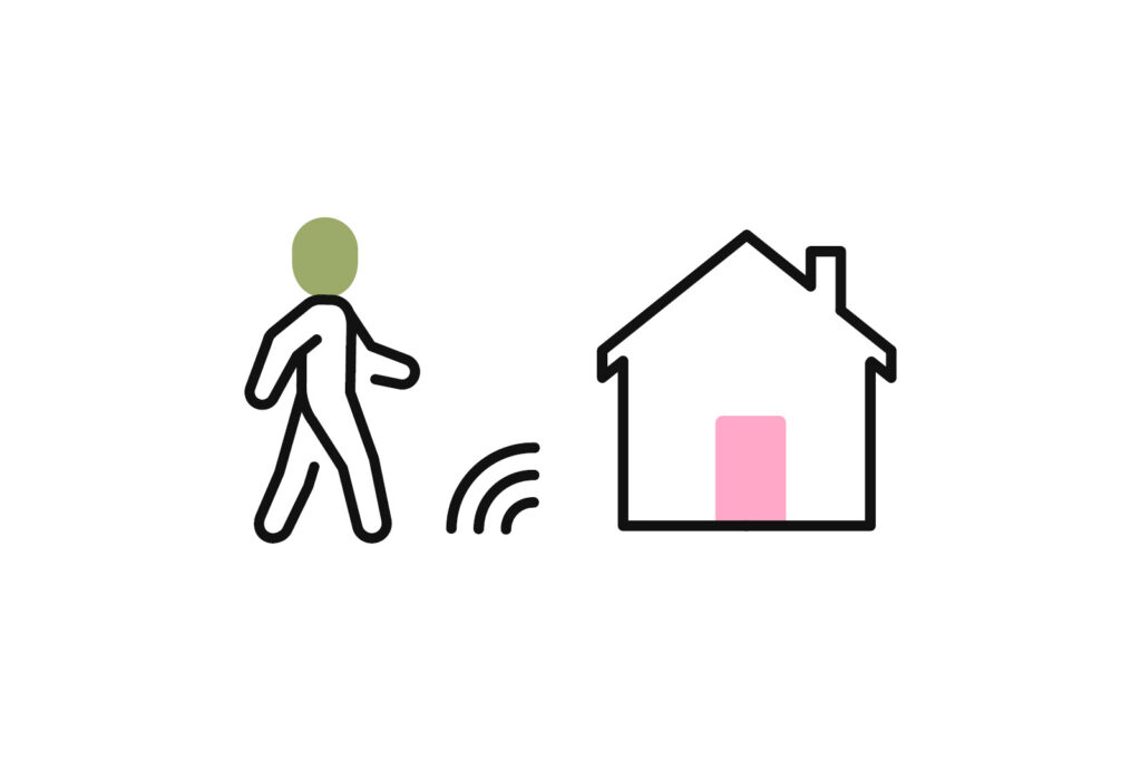 Person walking with signal waves connected to a home sensor, representing fall detection and safety monitoring.