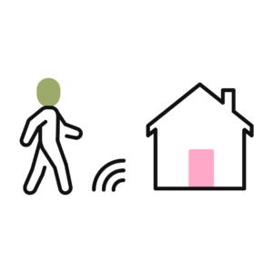 Person walking with signal waves connected to a home sensor, representing fall detection and safety monitoring.