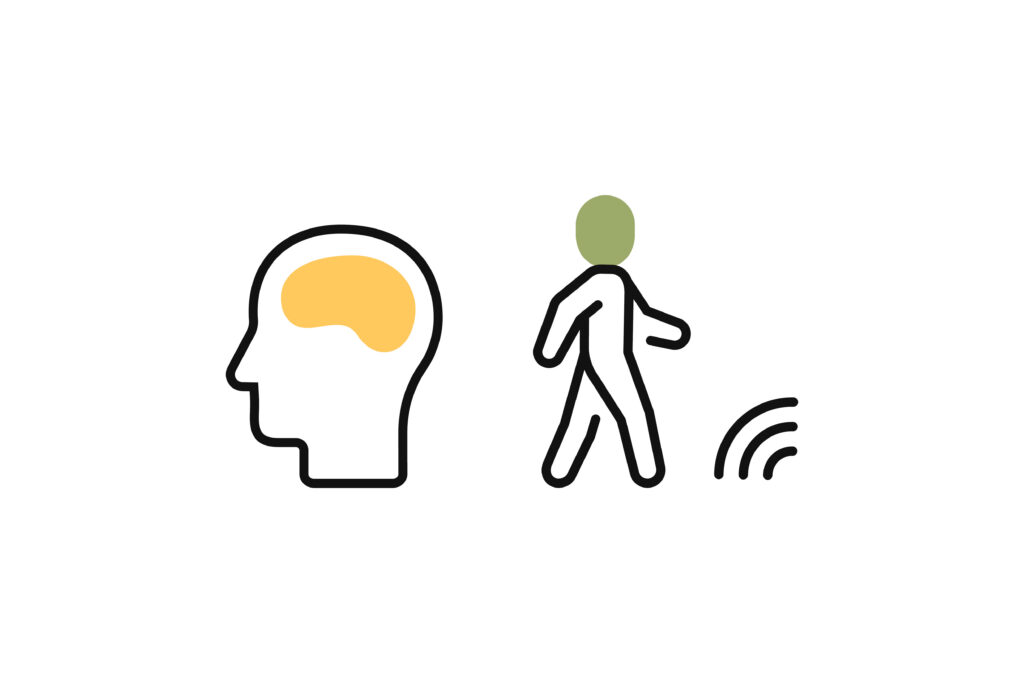 Memory support icon showing a brain and walking person, representing dementia-friendly monitoring and wellbeing.