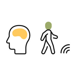 Memory support icon showing a brain and walking person, representing dementia-friendly monitoring and wellbeing.